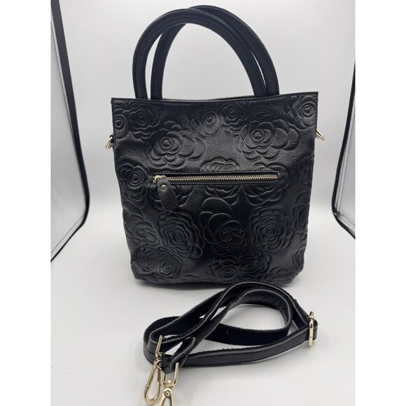 Realer Genuine Leather Handbag/Shoulder Bag Black Pebbled Rose Embossed Purse - Picture 1 of 13